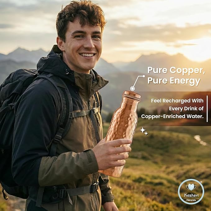 Keshavi Hammered Copper Water Bottle (34 Oz /1000ml)| Pure Copper Drinking Water Bottle - Ideal for Home, Office, Gym & School | Heavy‑Duty, Leak‑Proof Material