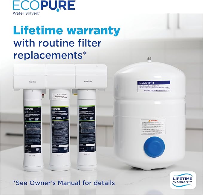 EcoPure ECOP30 Premium Reverse Osmosis System – Under Sink Drinking Water Filter System – NSF-Certified – Reduces Lead, Chlorine, and TDS –Bottled-Quality Water – Easy Filter Changes