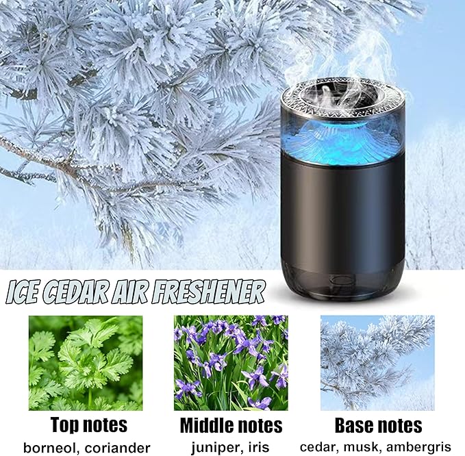 Smart Car Air Freshener, Car Air Freshener Diffuser with Ambient Light, Auto On/Off Intelligent Car Diffuser, 3 Mode Adjustable, Cars Scent Diffuser with 2 Essential Oil Box, Ice Cedar