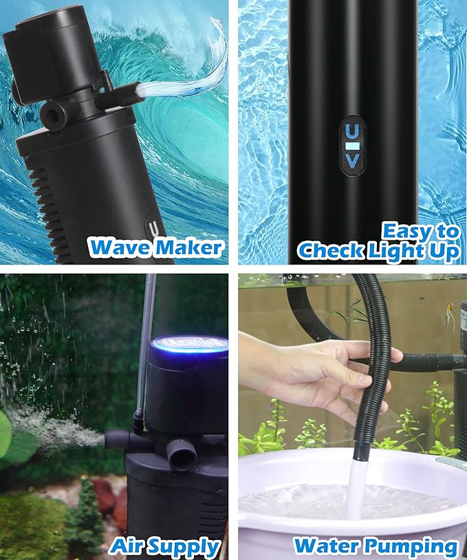 COOSPIDER Aquarium Filter U-Very Suitable for 10-45 Gallon Tank, 158GPH Small Fish Tank Filters for Green Control, Powerful Internal Submersible Pump for Turtle Tank, Air Supply & Oxygen Enhancement - AquaVibe