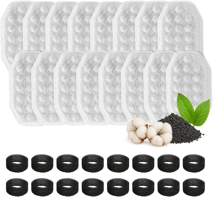 32 PCS Cat Water Fountain Filter for 108oz/3.2L Stainless Steel Dispensers – 16 Pack Replacement Filters for Pet Fountains – 16 Carbon + 16 Sponge – Improves Water Quality & Reduces Odors