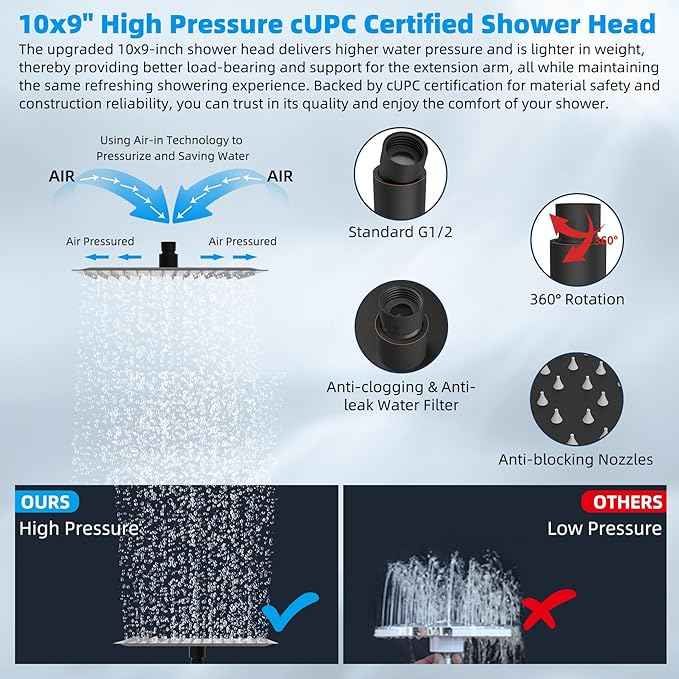 Hibbent All Metal cUPC Certified Rain Shower Head, 10'' High Pressure Rainfall Showerhead with 16" Shower Head Extension Arm, Brass Adjustable Shower Arm Extender, fixed Showerheads, Oil Rubbed Bronze
