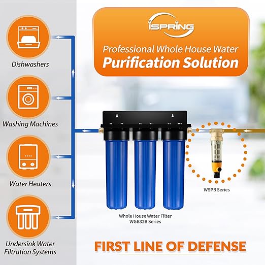 iSpring WSP50B Reusable Whole House Spin Down Sediment Water Filter, Fast Flow with Built-in Housing Scraper and Brass Top Clear Housing, 50 Micron