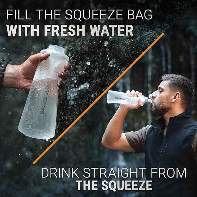 Water Filter Camping – Bachgold Foldable Squeeze Portable Water Filter for Hiking, Backpacking & Emergency Use | Ultralight Outdoor Filtration Bottle, Swiss Design