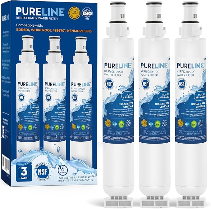 Pureline 4396701 Replacement for Kenmore 9915, 469915, Whirlpool EDR6D1, WF293, LC200V, SGF-W10, L200V, RWF1021, Filter 6, WFL200, 4396702, EFF-6001A - Reduces Bad Taste & Odor (3 Pack) - AquaVibe