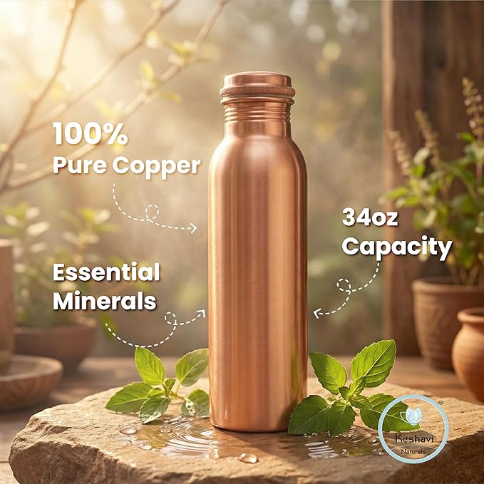 Keshavi Plain Copper Water Bottle (34 Oz /1000ml)| Pure Copper Drinking Water Bottle - Ideal for Home, Office, Gym & School | Heavy‑Duty, Leak‑Proof Material