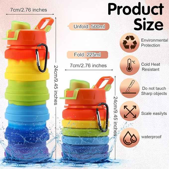 Sunnyray 14 Pack Collapsible Water Bottles Travel 17oz Silicone Portable Foldable Bottles Leak Proof Reusable Sports Cups with Clip for Camping Hiking Cycling Outdoor(Lighted Color)