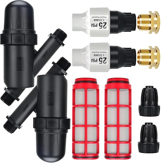 Drip Irrigation Pressure Regulator Kit,25 PSI Pressure Reducer,Inline Drip Irrigation Filter,1/2" Tubing Connector,Garden Hose Irrigation System Components (2 Set)