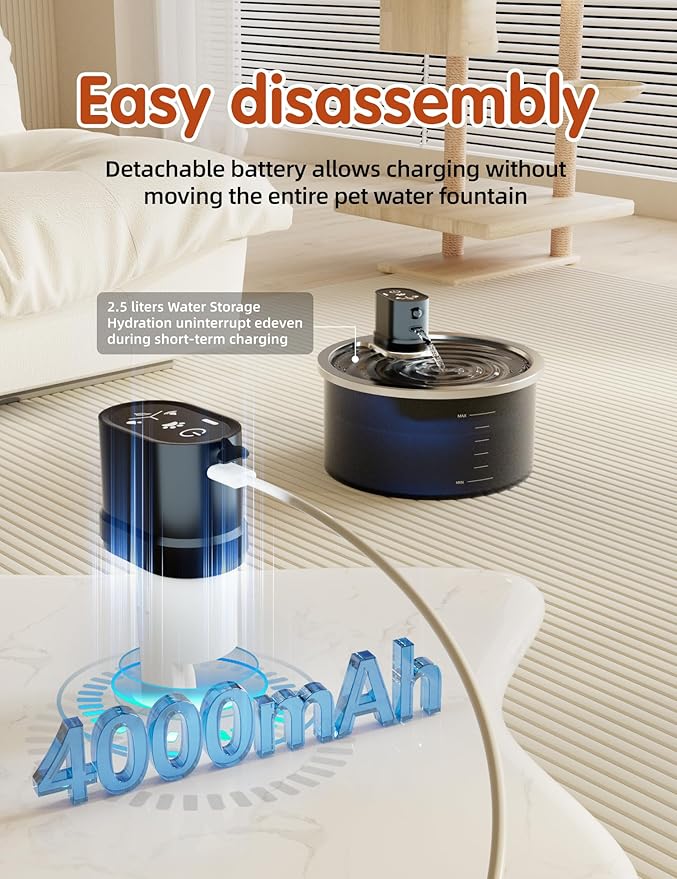 Stainless Steel Wireless Cat Water Fountain 3.2L/108oz Automatic Cat Water Dispenser 4000mAh Battery Operated Large Capacity Pet Water Fountains for Cats Dogs (ABS)