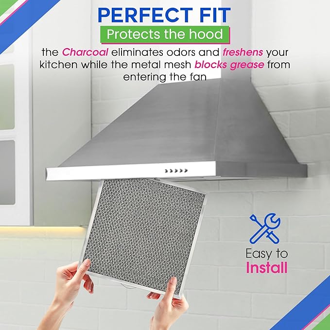 Stove Hood Vent Filter 11.6” x 11.2” BPQTF S99010317 Compatible with Broan Range Hood Filter Replacement for Ductless Overhead - Metal Mesh Filters Grease and Carbon Freshens Kitchen Oven Air (2-Pk) - AquaVibe