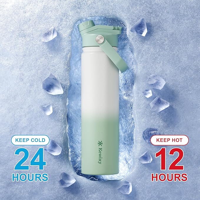 24 oz Insulated Water Bottle, 2-in-1 Lid, Straw & Spout with Protected, Leak Proof, Keep Cold 24H, Cup Holder Fit, Stainless Steel, Metal, Reusable, for Travel, Gym and School, 2 Lids, Iced Mint