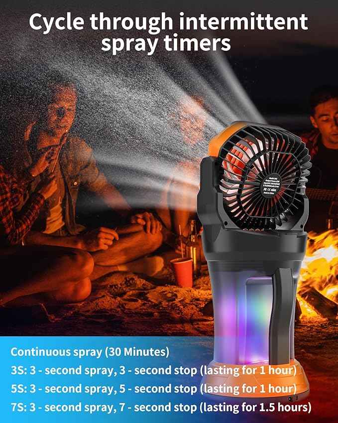 AVV Portable Misting Fan with RGB Ambient Light- 2L Water Tank, 4 Speeds & Spray Mist Fan, 30000mAh Rechargeable Misting Fans for Outdoor/Indoor Fans for Camping, Patio, Garden, Black-Orange