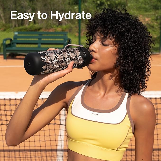 ENCOOL Insulated Water Bottle with Straw Stainless Steel Water Bottle, Leak-Proof, BPA-Free, Double Wall Vacuum Keeps Cold for 24 Hours for Sports, Travel, School (26 oz, Golden Aviary)
