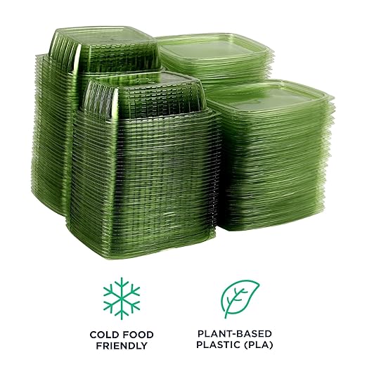ECO PRODUCTS Compostable 24oz Rectangular Deli Containers With Lids, Case of 200, Veridian Clear Green Meal Prep, Made from PLA, A Renewable Material Made from Plants, One Lid Fits All