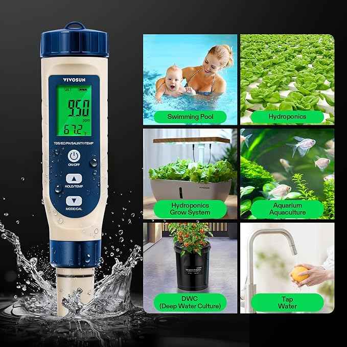 VIVOSUN 5-in-1 Digital PH Meter with PH/Salinity/TDS/EC/Temperature Function, Backlight Screen, IP67 Waterproof for Hydroponics, Home Drinking, Pool and Aquarium