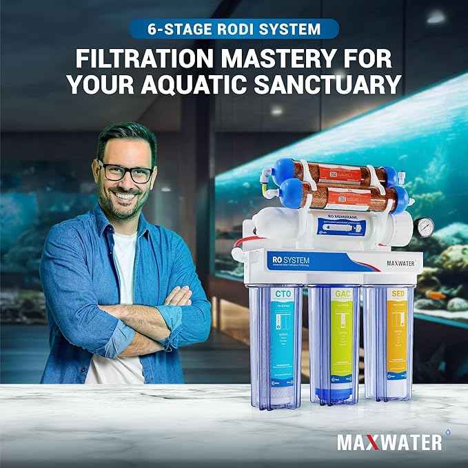 Max Water 6 Stage Aquarium System/RO Water Filtration System with Deionization Filter RO Water Purifier 100 GPD Hydroponics RODI System (Clear)