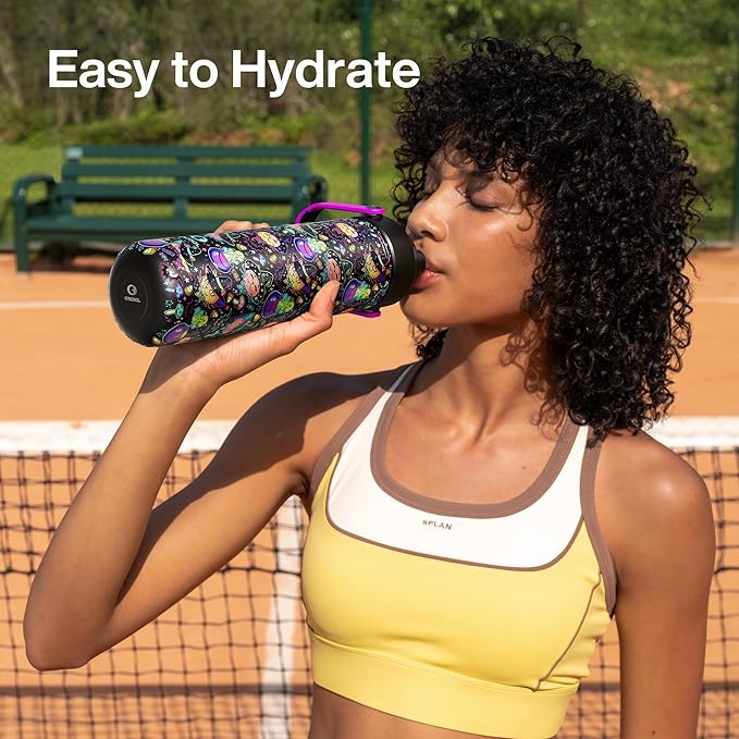 ENCOOL Insulated Water Bottle with Straw Stainless Steel Water Bottle, Leak-Proof, BPA-Free, Double Wall Vacuum Keeps Cold for 24 Hours for Sports, Travel, School (26 oz, Meowgic Night)