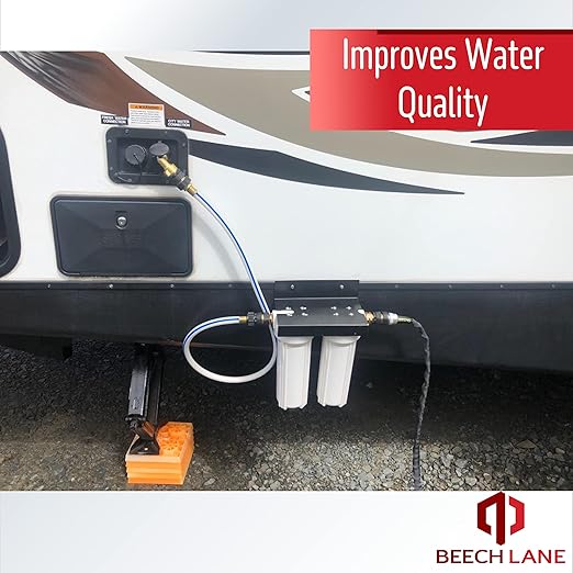 Beech Lane External RV Dual Water Filter System, Leak-Free Brass Fittings, Mounting Bracket and Two Filters Included, Sturdy Construction is Built to Last