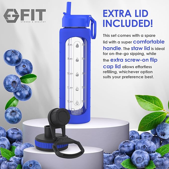 FIT Strong & Healthy 32 oz Glass Water Bottle with Straw Lid, Time Marker, Sleeve & Extra Lid - Motivational, Wide Mouth 1 Liter Glass Drinking Bottle