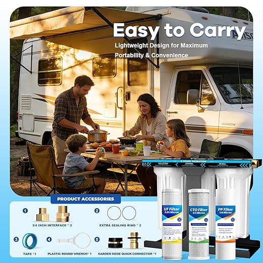 RV Water Filter System,5-Stage RV Water Filter System 0.01 Micron Filtration, 1" Inlet/Outlet, Reduces Sediments, Chlorine, VOCs, Heavy Metals & Odors, Ideal for RVs, Campers, Travel Trailers, Boats