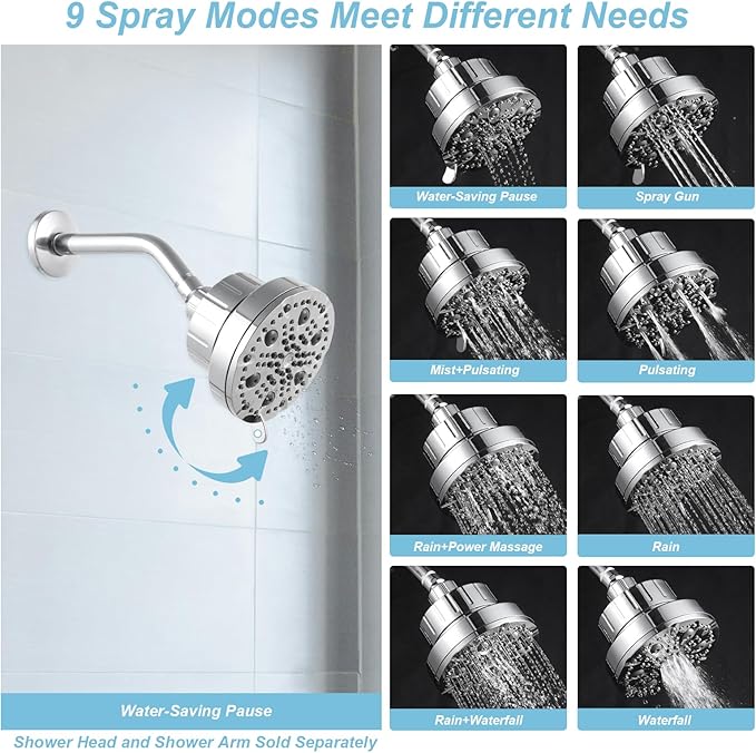OFFO Filtered Shower Head, 20 Stage Shower Filter Head for Hard Water with Pause Mode, 9 Modes High Pressure Shower Head with Filter for Remove Chlorine and Harmful, Chrome - AquaVibe