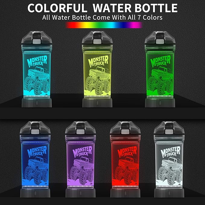 Lightzz Kids Water Bottle, Glow in The Dark Monster Truck & Tractor Water Bottle, Gifts for Boys Back to School Birthday Christmas Holiday