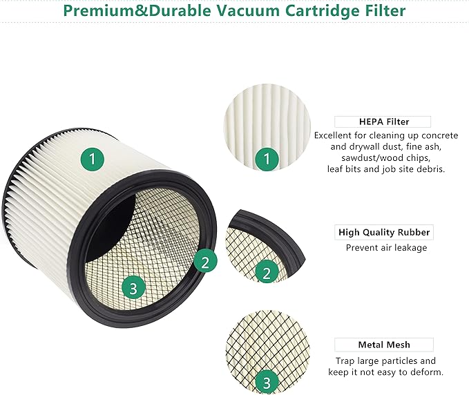 90304 90350 Shop Vac HEPA Cartridge Replacement Filter, Compatible with Shop Vac 90350 90304 90333 Vacuum Cleaner, fits Most Wet/Dry 5 Gallon and Above, 1 Pack - AquaVibe