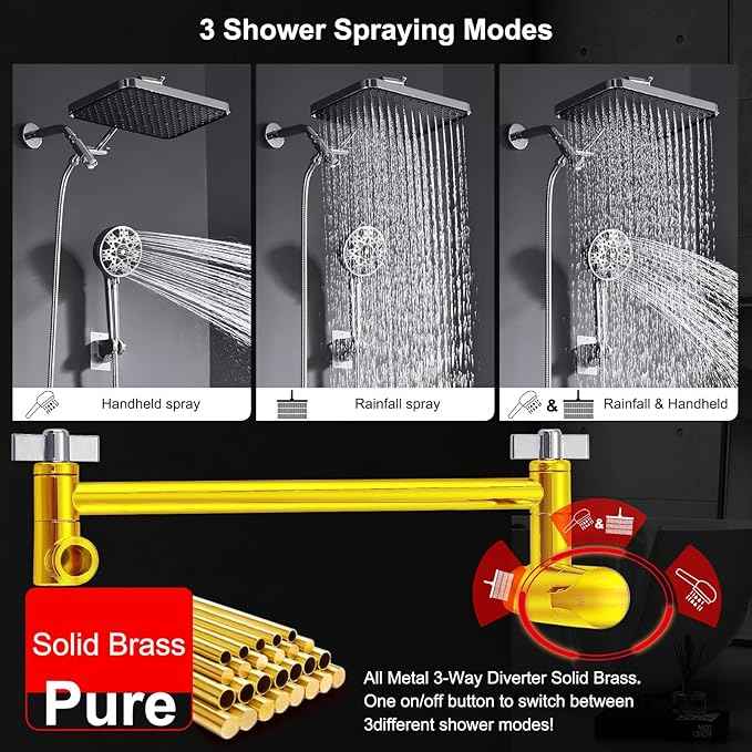 Dual shower Head with Handheld and Filter-14'' Rainfall ShowerHead,High Pressure Handheld Shower Head with Filters for Hard Water,7Spray with Power Wash,3-Way Setting for Couple Bathroom