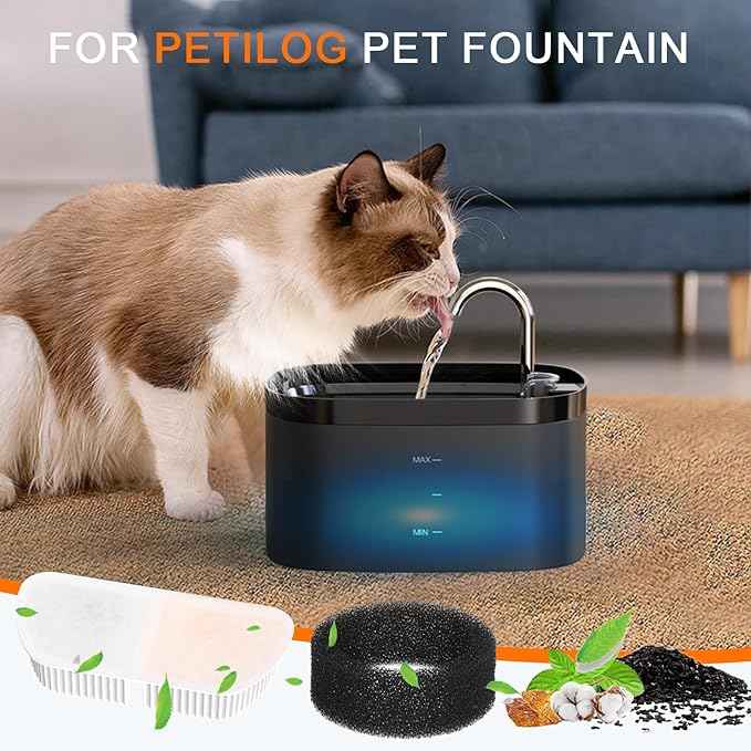 Cat Water Fountain Filters for 84oz/2.5L Petilog Pet Water Dispenser Fountain (8 Filters& 8Sponges)