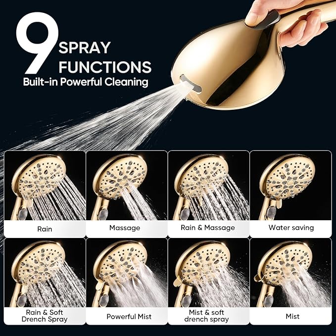 Cobbe High Pressure Shower Head with Built-in Pause Button 9-Function Detachable Showerhead with Handheld Brass Swivel Bracket & Stainless Steel Hose, Water Saving 1-Click Stop, Gold