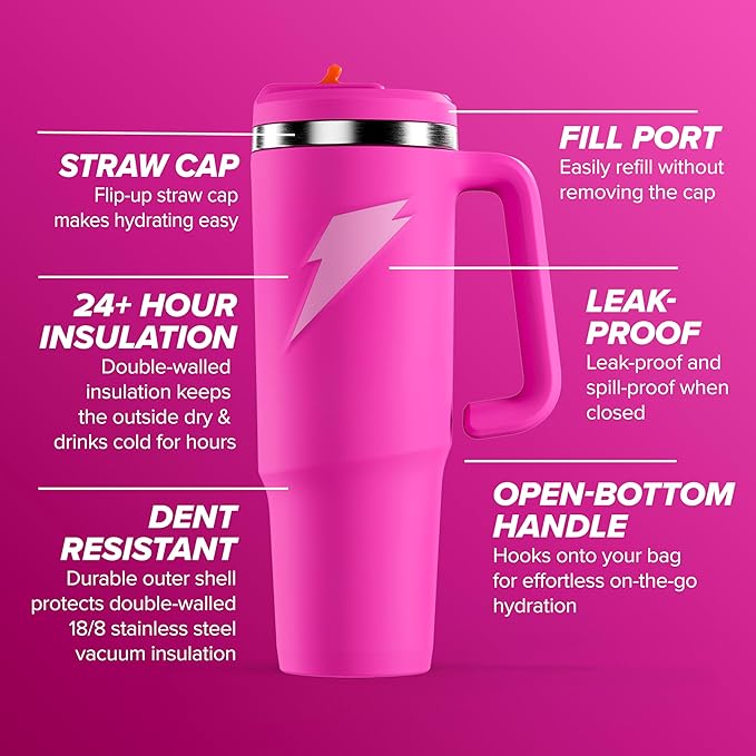 Gatorade Crossover Stainless Steel Tumbler Water Bottle, Pink, Double-Wall Insulation, 36 fl oz