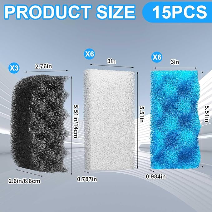 15 Pcs Filters Media Set Compatible with Fluval 106/107 Foam Aquarium Filters, Including Blue White Black Foam for Replacement Filter Media Kit - AquaVibe