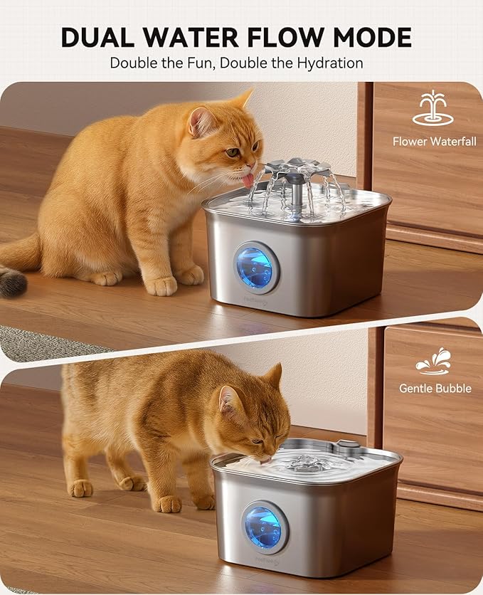 Stainless Steel Cat Water Fountain, 99oz/2.8L Auto Pet Drinking Fountain with 20dB Ultra-Quiet Pump- Ideal for Timid Pets, LED Water Level Window, Dishwasher Safe, 24/7 Circulating Flow - FEELNEEDY