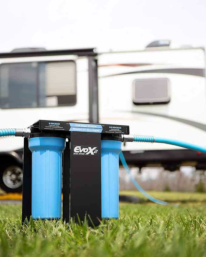 Camco EVO X2 Dual Stage Camper/RV Water Filter Kit - 2 Stage Filtration w/KDF & GAC - Filters Out Bad Taste, Odors, Lead, Bacteria & More - Replaceable Filters - (40639)