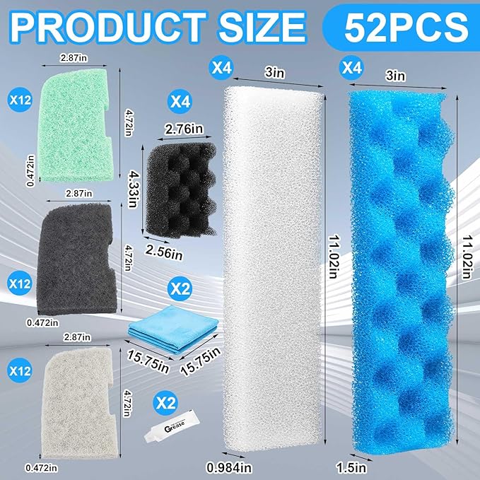52 Pcs Replacement Filter Media Kit Compatible with Fluval 406/407 Aquarium Filters Include 12 Biological Foams Ammonia Remover Phosphate Pads Nitrite Remover, Towel and Grease - AquaVibe