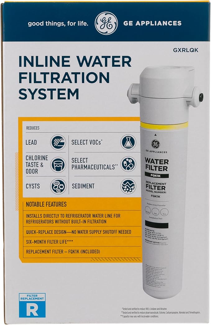 GE Icemaker & Refrigerator System, Exterior Connection, Ice for Beverages, Reduce Chlorine Taste & Odor for Better Water, Replace Every 6 Months, GXRLQK