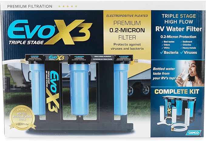 Camco Evo X3 Triple Stage Premium Camper/RV Water Filter Kit | Features 3 Replaceable Cartridges to Remove Sediments, Chlorine, Bad Tastes, Odors, Viruses, Bacteria, Contaminates, and More (40649)
