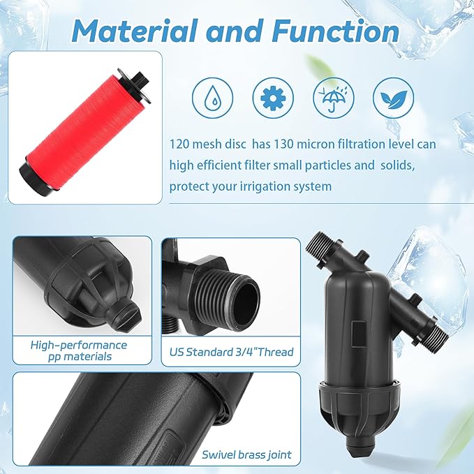 US Standard 3/4" Drip Irrigation Disc Y Filter 120 Mesh 130 Micron USA Garden Hose 3/4 Inch GHT Male Thread Irrigation Water Disc Filter with 2 Pcs Female Thread Brass Connector for Garden Irrigation