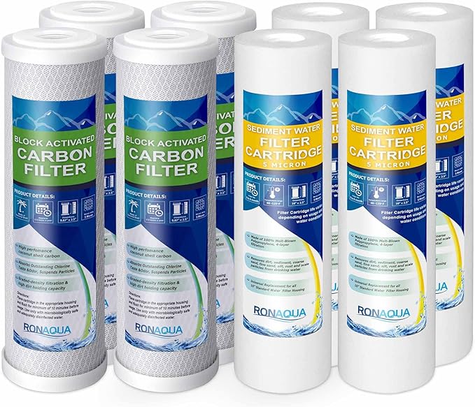 4 Standard Coconut Shell Block Carbon & 4 Four Layers of Filtration Polypropylene Sediment 5 Micron 2.5