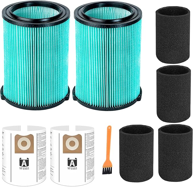 2 Pack VF6000 5-Layer Filter Replacement for Ridgid Wet Dry 5-20 Gallon Wet Dry Vacuums WD5500 WD0671 WD6425 WD7000 WD1280 WD1851 RV2400A RV2600B, 2 Pack VF3502 Shop Vac Bags, 4 Pack Foam Sleeve - AquaVibe