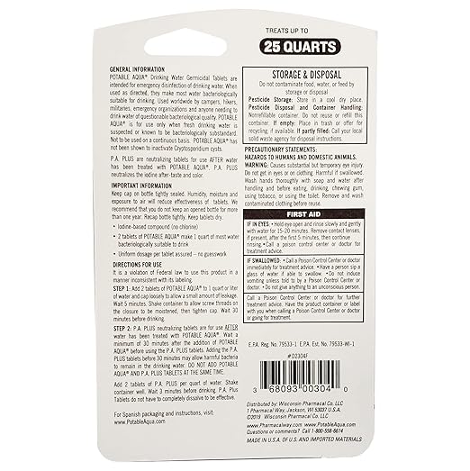 Potable Aqua Water Purification Tablets With PA Plus - Two 50 count Bottles