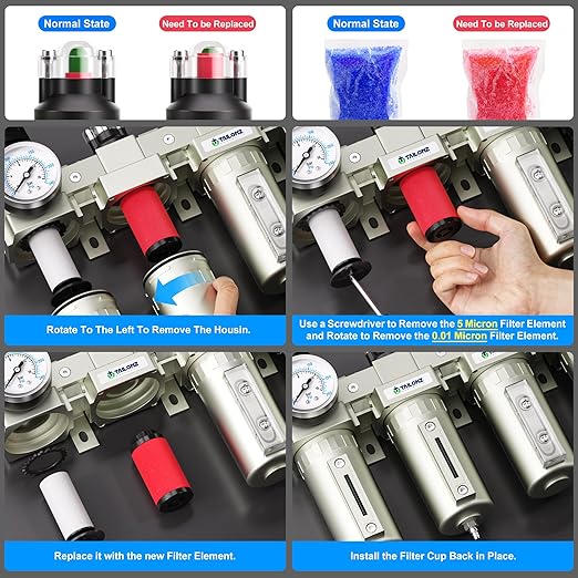 TAILONZ PNEUMATIC 0-240PSI 1/2 Inch NPT Industrial Grade 4 Stage Air Drying System, Particulate Filter, Coalescing Filter, Double Desiccant Dryer and Air Regulator (Manual Drainage) - AquaVibe