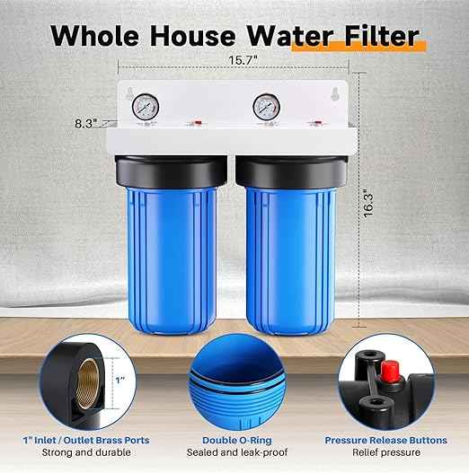 PUREPLUS 2-Stage Whole House Water Filtration System, Reduces Chlorine, Odor, Heavy Metals & Rust, 10"x4.5" Housing, 1" Inlet/Outlet, PP Grooved Sediment & KDF Carbon Filters, Pressure Gauges Included