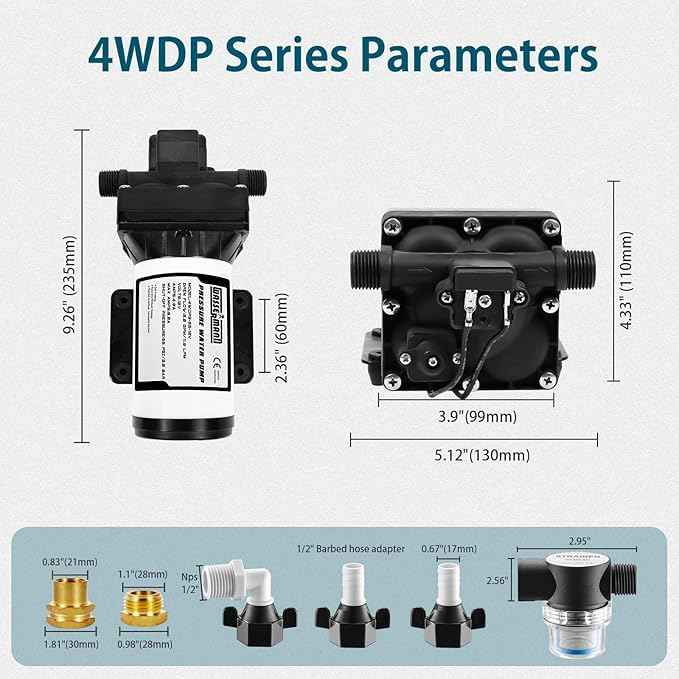 WASSERMANN RV Water Pumps Pressure Pump 115V AC with Pressure Switch, Self-priming Water Pump 5.0GPM 55PSI, Fresh Water Pump for RV Kitchen Barthroom Marine Yacht Garden Diaphragm Pump