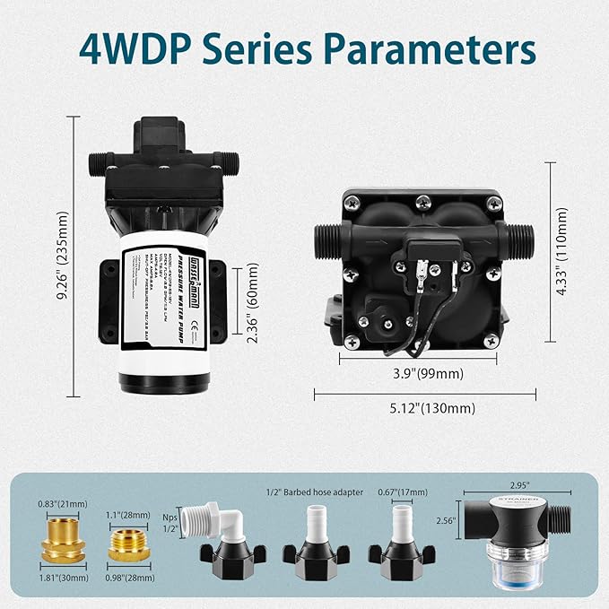 WASSERMANN RV Water Pumps Pressure Pump 115V AC with Pressure Switch, Self-priming Water Pump 5.0GPM 55PSI, Fresh Water Pump for RV Kitchen Barthroom Marine Yacht Garden Diaphragm Pump