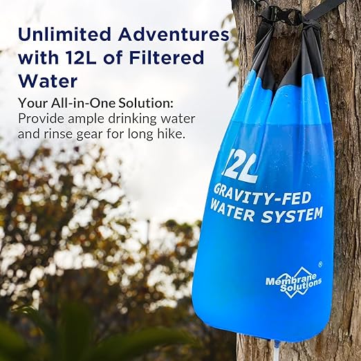 Membrane Solutions Gravity Water Filter Max 12L with Detachable Shower, NSF/ANSI 42&372&401 Certified, 0.1μm Water Purifier Camping with Adjustable Tree Strap Storage, Survival Gear for Emergency Kits