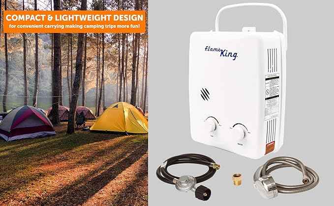 Flame King YSNAZ132 Portable Tankless Water Heater Propane Gas 5L 1.32GPM at 34,000 BTU, Outdoor Instant Hot Water Shower for RV, Camping, Farm, Cabins