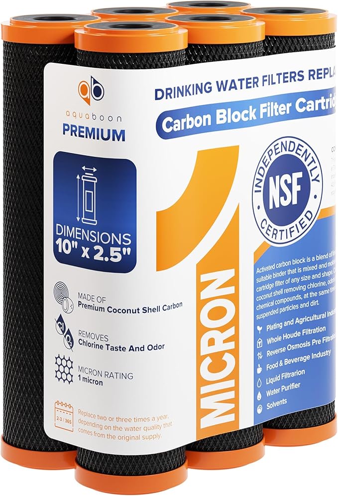 Aquaboon Premium 1 Micron Carbon Block Water Filter 10" x 2.5" – 6-Pack CTO Whole House Filters for Countertop & Under Sink Systems, Compatible with FXWTC
