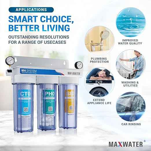 Max Water 3 Stage (Good to Protect Home from Scale & Corrosion) 10 inch Standard Water Filtration System for Whole House - Sediment + Anti Scale + CTO Post Carbon - 3/4" Inlet/Outlet - Model : WH-SC1