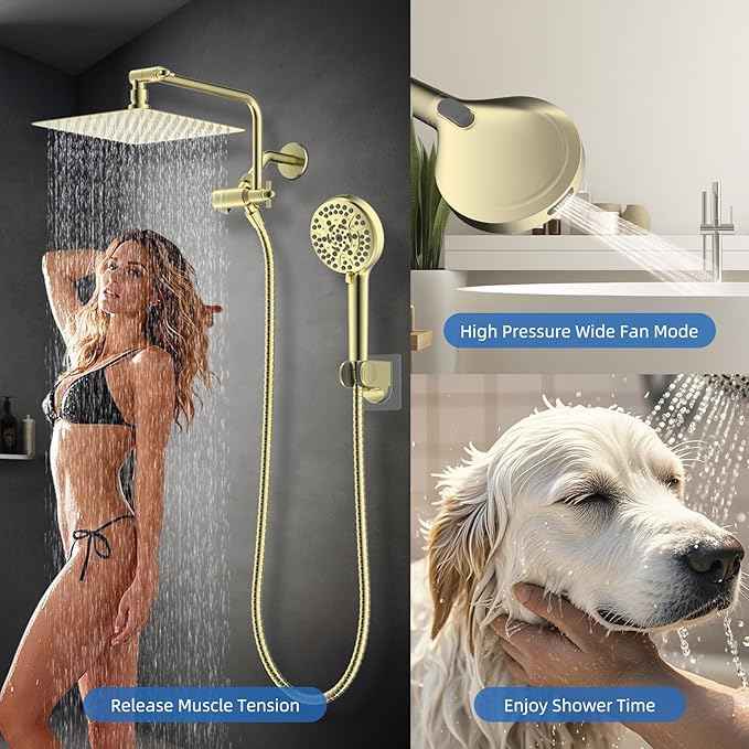 All Metal Shower Head, 10" High Pressure Rainfall/Handheld Shower Combo with 11" Extension Arm, 10-Spray Handheld Showerhead, 71" Long Hose, 3-Way Diverter Valve, Shiny Gold